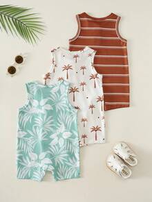 SHEIN 3pcs Unisex Baby Boy Spring/Summer Cute Coconut Tree And Striped Print Sleeveless Romper Shorts Multi-Pack, Spring/Summer Baby Boy Clothes 6pcs, Get 3 Pcs Random - Multicolor - View 2