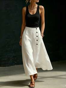 SHEIN Holidaya Women's Summer Chic Classy White Linen A-Line Skirt,Casual Loose Relaxed Fit With Pockets,Side Button Decor,Asymmetric Hem Elegant Vacation Holiday - Apricot - View 6