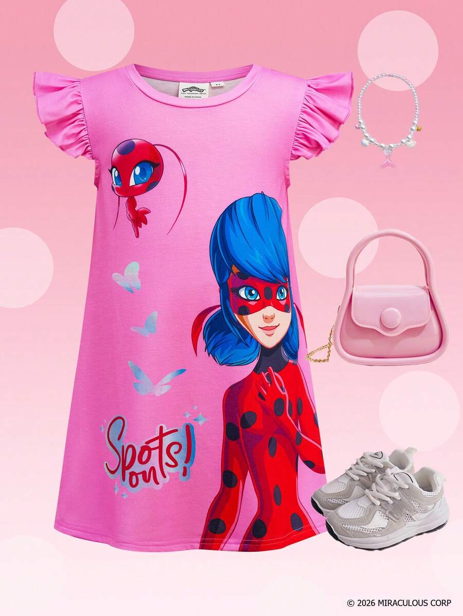 Miraculous Ladybug X SHEIN Young Girls' Round Neck Ruffle Trim Cute Cartoon Print Summer Dress - Pink - View 1