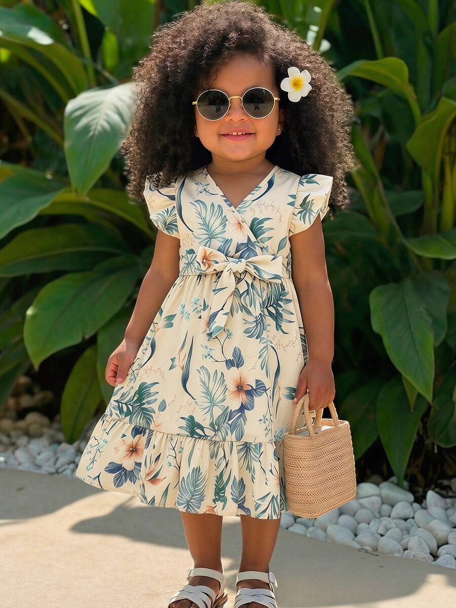 SHEIN Vestido de manga corta con estampado floral diminuto para bebé niña, verano - Multicolor - Ver 1
