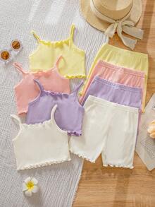 SHEIN 4Sets Young Girl Kids Solid Color Knitted 3D Floral Camisole And Shorts Set - Multicolor - View 3