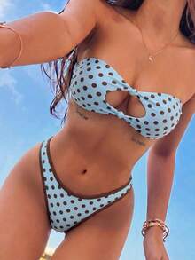 Swim Basics 女士夏季沙滩波点吊带系带性感比基尼和三角泳裤套装 - 藍色 - 查看 1
