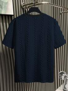 Manfinity Homme Men's Letter Graphic Round Neck Short Sleeve Knit Casual T-Shirt, Holiday - Navy Blue - View 2