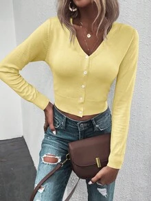 Pariaura Cárdigan corto de color liso casual, versátil para primavera y otoño - Amarillo claro - Ver 5