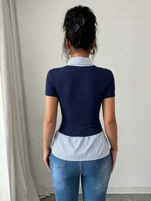 Elenzga Summer New Slimming 2 In 1 Polo Collar Knit Short Sleeve T-Shirt - Multicolor - View 4