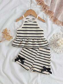 SHEIN Playful Pals 2pcs Baby Girls Apricot & Black Striped Knit Jacquard Soft Fabric Sleeveless Striped Camisole Top With Ruffle Hem + Matching Elastic Waist Shorts, Decorated With Bow, Casual & Cute, Suitable For Summer Daily Outings, Travel, School, Shopping, Photography, Party, Park, Indoor & Outdoor Versatile Wear - Multicolor - View 1