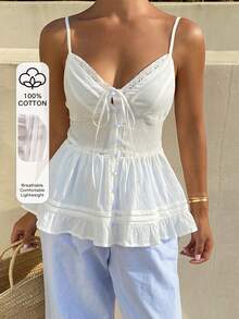 DAZY Camiseta de tirantes con volantes y lazo de encaje de contraste de unicolor para vacaciones de verano para mujer - Blanco - Ver 1