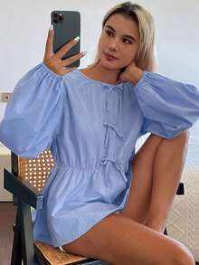 DAZY Women's Bow Tie Collar Loose Fit Blouse - Blue - View 6