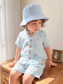 SHEIN Vintaside Kids 2件套幼儿植物图案短袖上衣和松紧腰短裤套装，儿童服装，婴儿套装，婴儿上衣，婴儿短裤，6个月-3岁 - 藍色 - 查看 4