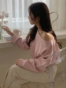 DAZY Ladies' Plain Asymmetrical Shoulder T-Shirt Long Sleeve Women Tops Off Shoulder Top - Pink - View 2