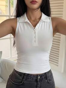 DAZY Camiseta casual de mujer con cuello, manga corta y ajustada, de estilo sexy y urbano - Blanco - Ver 5