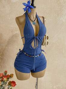Soleia Women's Backless Halter Denim Romper - Blue - View 1