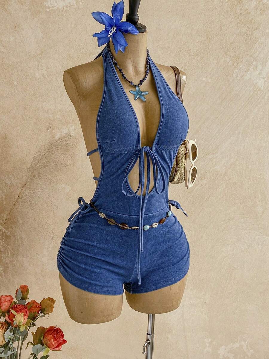 Soleia Women's Backless Halter Denim Romper - Blue - View 1