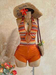 Soleia Neue Urlaubs-Strickjumpsuit mit strukturierter Ausschnitt-Zugkordel, bohemian, boho, romantisch floral, geeignet für Party, Date, Valentinstag, Ostern, Karneval, Nachmittagstee, Strand, Kreuzfahrt, Stadturlaub - Orange - Übersicht 10