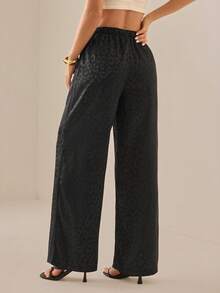 SHEIN PETITE Women's Casual Black Leopard Print Drawstring Waist Loose Wide Leg Pants,Fall - Black - View 2