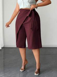 Maweii Plus Size Solid Color Wrap Design Casual Pants, Summer - Burgundy - View 4