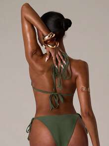 SHEIN BAE Women's Vacation Casual Rivet Halter Bikini Set - Army Green - View 2
