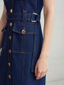 MOTF PREMIUM WOMEN'S SLEEVELESS DENIM DRESS WITH FLAP POCKETS AND BELT - Dark Wash - View 7