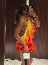 Ure Wave Women's Chic Elegant Golden Yellow Summer Vacation Gradient Ruffled Halter Backless Top & Layered Mini Shorts Set,Music Festival Party Beach Outfit