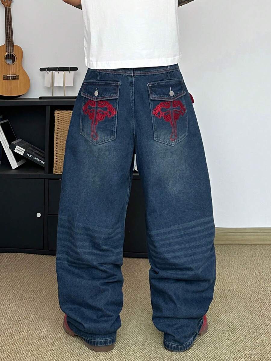 STEELVANCE Quần jeans ống đứng dáng rộng cổ điển, hiệu ứng giặt mài, thêu hình ria mèo trên túi, phong cách đường phố đa năng. - Màu xanh lam - Xem 1