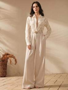 Anewsta Women's Elegant Delicate Embroidered Jacquard Long Sleeve Blouse - Apricot - View 6