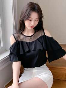 DAZY Mesh Panel Short Sleeve Round Neck Blouse With Ruffle Hem For Women Going Out Tops Summer - Black - View 8