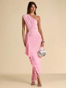 SHEIN BAE 夏季新品：粉色露肩褶皱优雅连衣裙。适合海滩度假、海滩旅行、海滩派对、约会、夜店、郊游、派对、音乐节、早午餐等各种场合。 - 粉色 - 查看 3