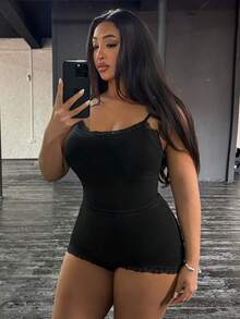 Dazy Plus Plus Size Women Lace Patchwork Camisole & Shorts Pajama Set, Black, Spring/Summer Home Wear - Black - View 2