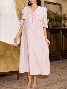 PalaceNights Robe de maternité rétro française, robe de maternité longue ample avec volant en dentelle, robe d'intérieur de style doux - Multicolore - Voir 7