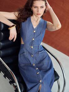 MOTF ĐẦM DENIM NỮ MÙA HÈ KIỂU DÁNG THƯỜNG NGÀY, CÓ KHUY CÀI PHÍA TRƯỚC. - Rửa nhẹ - Xem 6
