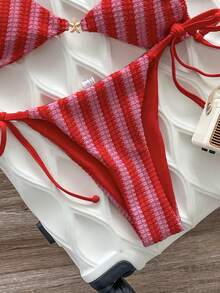 Bộ bikini nữ Swim SXY-D màu xanh trắng kẻ sọc, chất liệu vải jacquard, dây mảnh, trang trí kim loại, thích hợp cho mùa xuân/hè. - Nhiều màu - Xem 7