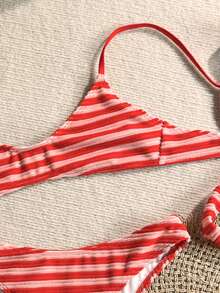 Swim Mod Women's 2 Pieces Red Striped Textured Fabric Spaghetti Strap Tankini Top And Bikini Bottoms, Suitable For Beach Pool Party, Summer, Vacation, Casual - Red - View 3