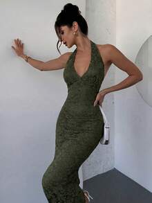 Firerie New V-Neck Sleeveless Textured Bodycon Maxi Dress, Elegant For Valentine's Day Date Dinner Date, Spring/Summer Olive Green,Graduation Dress,Wedding Guests - Army Green - View 3