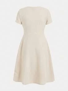 SHEIN Tween Girls' Apricot Elegant Party Gold Button Decor A-Line Midi Dress, Spring/Summer - Apricot - View 2