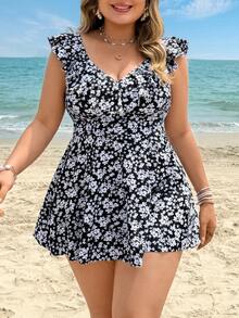 Swim Lushoire Plus Size Women 2pcs Random Print Spaghetti Strap Tummy Covering Beach Vacation Tankini Swimsuit White Summer Boho - Multicolor - View 3