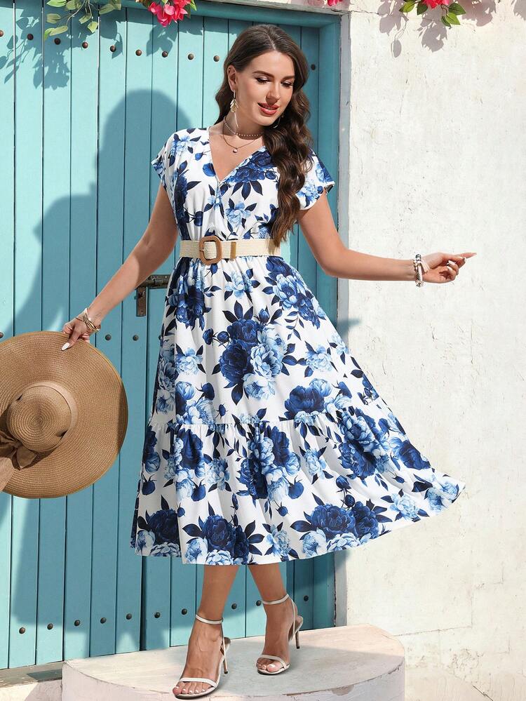 Plus Size Women's Summer Casual Vacation Elegant Short Sleeve Floral Print Mid-Length Dress,Flowy Dress,Going Out Outfits,Festa Junina,Boho Dress