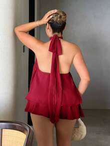 Elegant Women's Mini Dress With Halter Neck And Bow In Light Yellow - Bordeaux - View 2