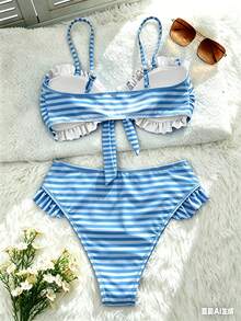 Swim Mod Summer Beach Vacation Women Polka Dot Print Ruffle Bandeau Top High Waist Bottoms - Blue and White - View 2