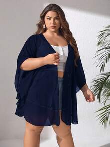 SHEIN CURVE+ 大码基础款纯色网眼拼接泳衣上装 - 藏蓝色 - 查看 6
