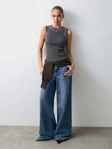 Maija 2025 Fitted Ribbed Metallic Foil Design Women Tank Top, Suitable For Valentine's Day Party - Dark Grey - View 3
