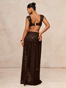 Lumalex Áo tank top ngắn nữ sexy đính sequin nhún bèo, phong cách đi biển/du lịch - màu nâu - Xem 5