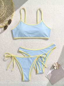 Swim Mod 2025女款新款3件組細肩帶無鋼圈純色比基尼泳衣，含兩件泳褲下身 - 藍色 - 查看 2