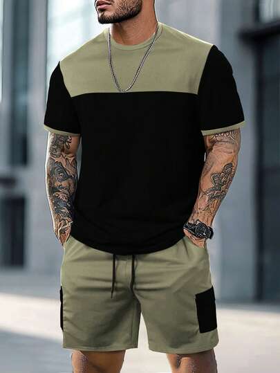 Manfinity Homme Conjunto casual masculino para o dia a dia com camiseta de manga curta e gola redonda em blocos de cores e bermuda com cordão na cintura.