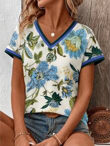 SHEIN Áo thun nữ mùa hè dáng ôm, cổ chữ V, tay ngắn, họa tiết hoa cổ điển, viền tương phản. - Nhiều màu - Xem 6