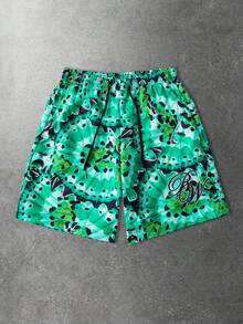 ROMWE MEN Shorts Casual Solta com Cordão na Cintura e Estampa de Letras para Homens - Verde - Visão 3