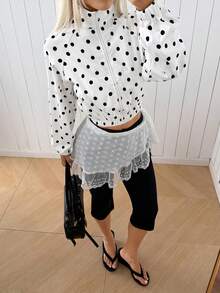 SHEIN EZwear 白色底波点梭织女式插肩袖拉链外套 - 黑與白 - 查看 6
