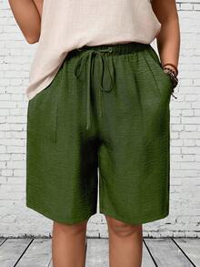 EMERY ROSE Pantalones cortos casuales sueltos con cordón y bolsillo de unicolor talla grande - Verde - Ver 1
