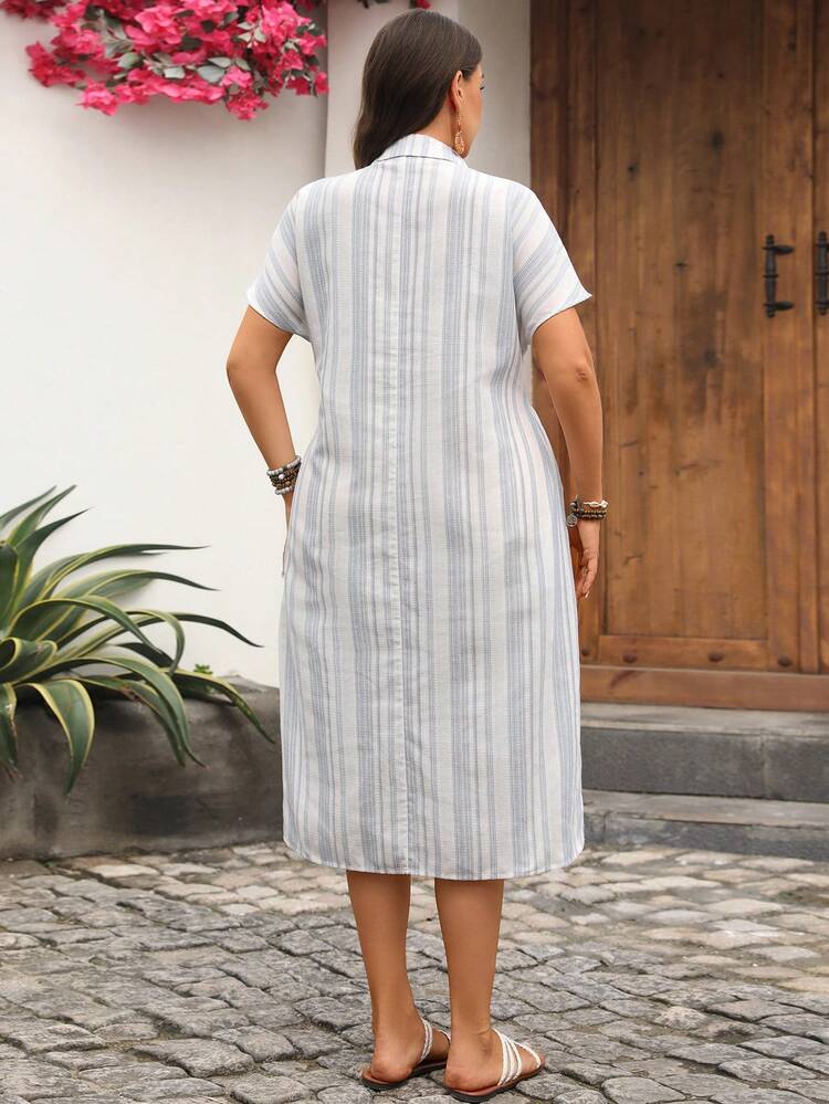 Plus Size Women's Printed Striped Casual Exclusive Shirt Dress