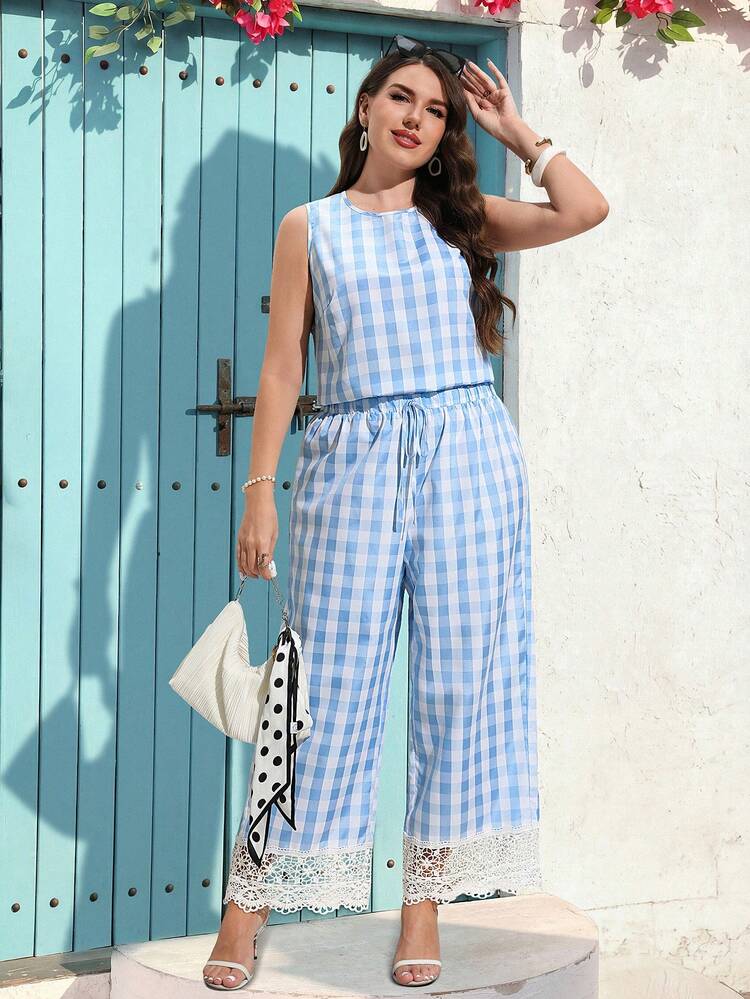 Plus Size Women's Casual Vacation Style Printed Sleeveless Top And Contrast Lace Wide Leg Pants Set, Spring/Summer