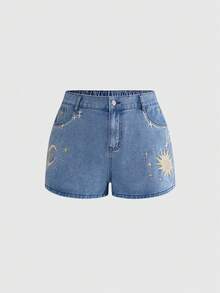 ROMWE Hippie Vintage Sun, Moon & Star Embroidery Pattern Skinny Plus Size Denim Shorts - Baby Blue - View 5